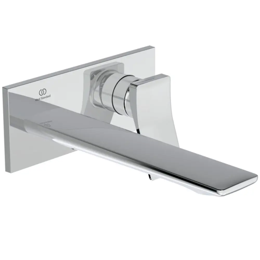 Chromene Wand-Waschtischarmatur von Ideal Standard mit eckiger Rosette und einem langen, flachen Auslauf. Montage an der Wand.